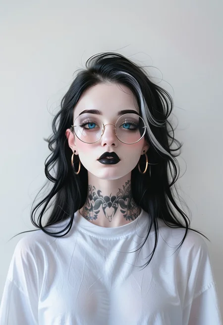 <'ctdrm':(
('dreamy'+'cinematic'+'soft lighting'+'realistic'+'ethereal mood'),
('portrait'+'closeup'+'solo'+'detailed'),
('simple white background'))>,
BREAK
<'1girl':(
('goth girl'+'pale skin'+'multicolor hair'+'long hair'+'black lipstick'+'blue eyes'+'light blush'),
('hoop earrings'+'detailed round glasses'),
('white tshirt'+'tattoos'+'black makeup'))>