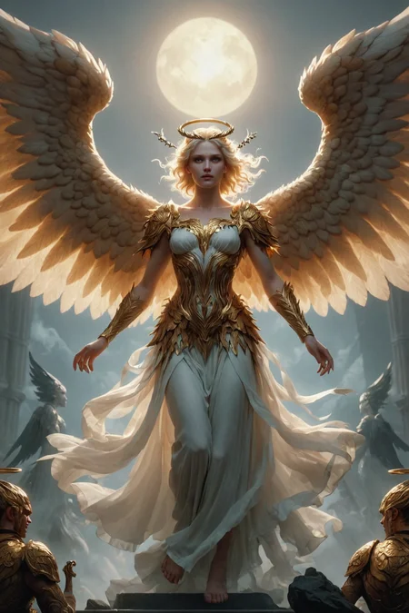 ultra realistic 8k cg, masterpiece, professional artwork, cinematic lighting,  painting of a (angel) summoning monsters <lora:Fantasy_Monsters_XL:1>