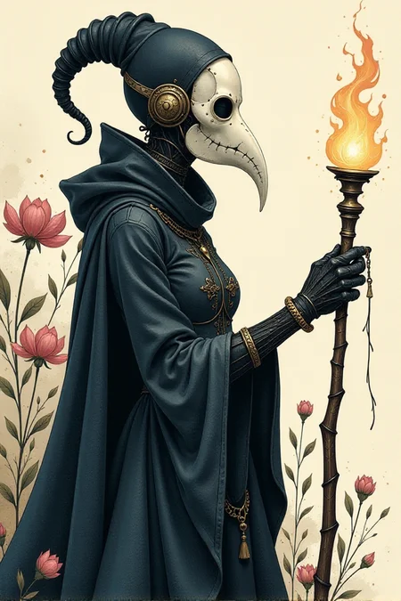 Anna Dittmann style character,digital illustration of a female plague doctor, biomechanical, in a thick line hand-drawn style,watercolor,flowery background, rough, minimalism, side view image,comic art, white plague doctor mask, glowing magical staff finished by Kay Nielsen, opaque paint, mysterious, sexy rococo cleavage, mysteriousâââ