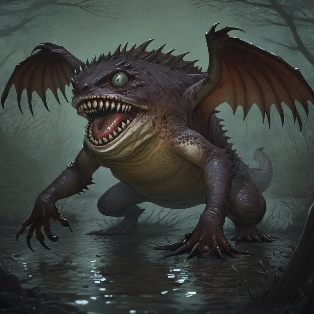 masterpiece, best quality, newest, absurdres, highres, vintage anime, 90s anime, Droad-V1.0, dragon, toad, frog, monster, no humans, animal focus, teeth, sharp teeth, claws, roar, open mouth, sharp claws, horror (theme), dark fantasy, swamp