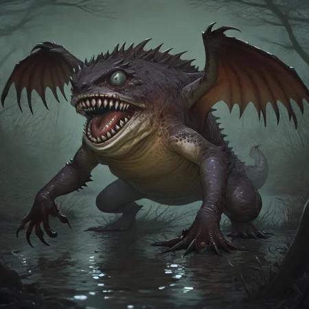 masterpiece, best quality, newest, absurdres, highres, vintage anime, 90s anime, Droad-V1.0, dragon, toad, frog, monster, no humans, animal focus, teeth, sharp teeth, claws, roar, open mouth, sharp claws, horror (theme), dark fantasy, swamp