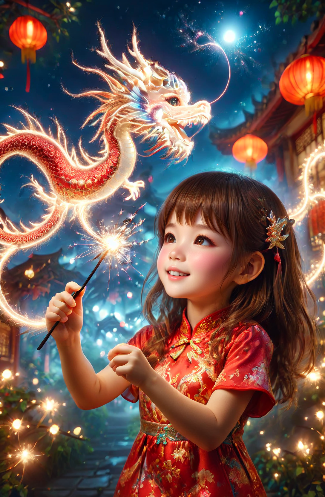 amazing quality, masterpiece, best quality, hyper detailed, ultra detailed, UHD, DOF, depth of field, HDR, perfect anatomy
solo, cute, kawaii, brown hair, joyfully plays with fairy wand, waving it in the air, red lantern, wearing red cheongsam, milky way,
a small cfc-spark-dragon above the fairy wand, translucent, dazzling, shine, sparking, trajectory of sparks,
<lora:cfc-spark-dragon-000006:0.75>, 
<lora:ral-lnrnwyr-sdxl:0.5>, ral-lnrnwyr,
<lora:add-detail-xl:0.75>,
<lora:extremely_detailed:0.75>, extremely detailed,
<lora:EnvyBetterHiresFixXL01:1.0>, 
<lora:DonM3t3rn1tyXL-v1.1-000008:0.7>, DonM3t3rn1tyXL,
<lora:zavy-chnsdrgn-sdxl:0.5>, zavy-chnsdrgn,
 SK_Fantasy,