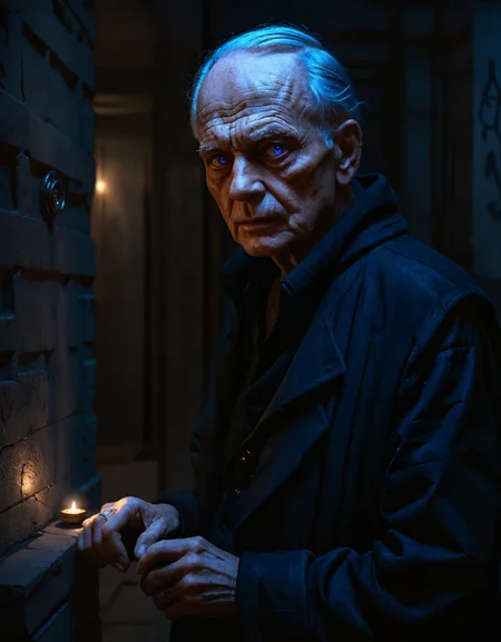 (zavy-ldprtrt), black shadow entity, old man, tall, occult symbols, blue glowing eyes, night, shadows, deep shadows, darkness, ethereal, haunting, tendrils, abandoned basement, depth of field, immmaculate, detailed