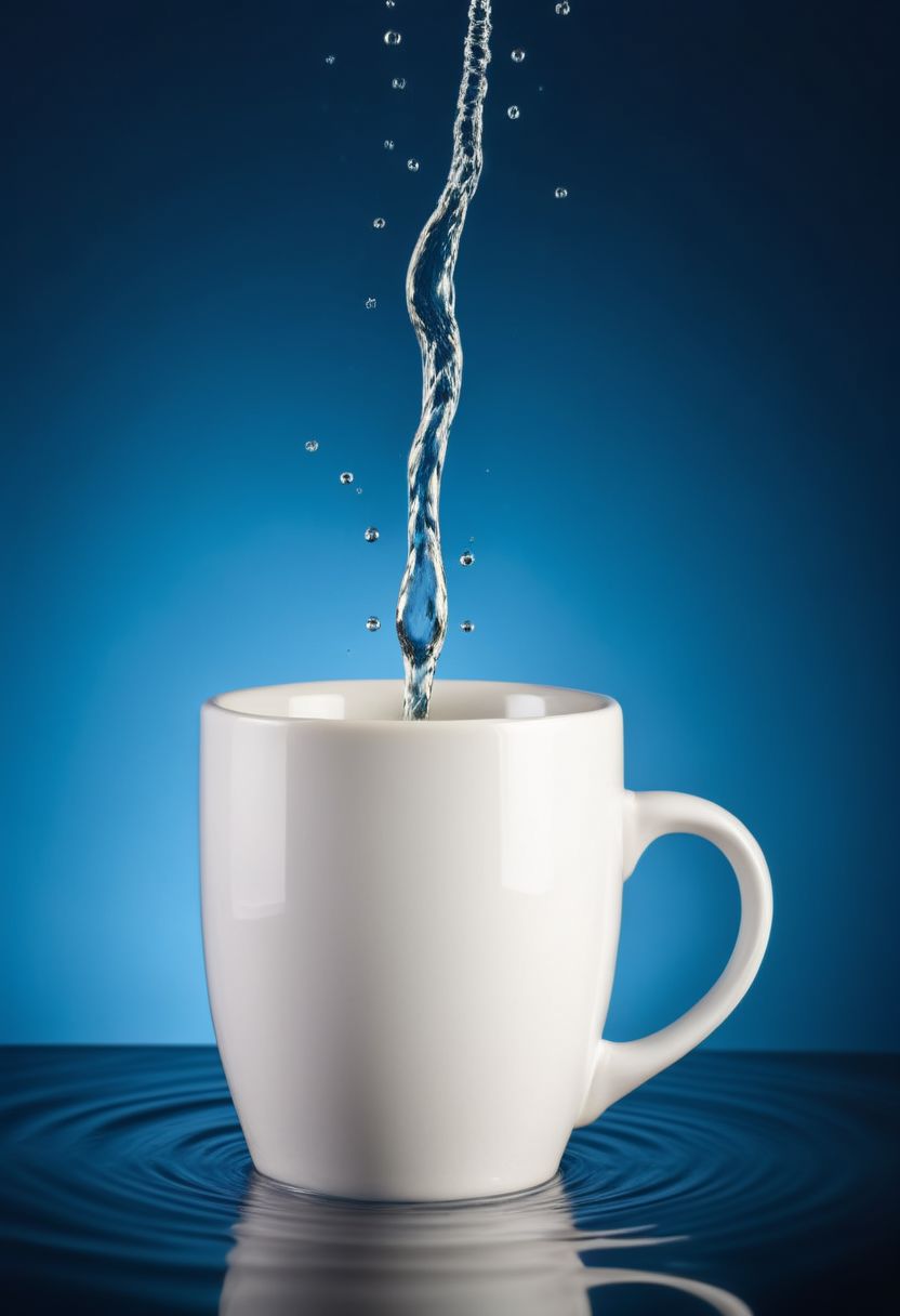 A white mug centered on a surface with ripples of water emanating from it, with a single water droplet suspended above, set against a gradient blue background that suggests a tranquil and clean environment.