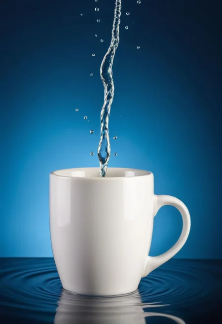 A white mug centered on a surface with ripples of water emanating from it, with a single water droplet suspended above, set against a gradient blue background that suggests a tranquil and clean environment.
