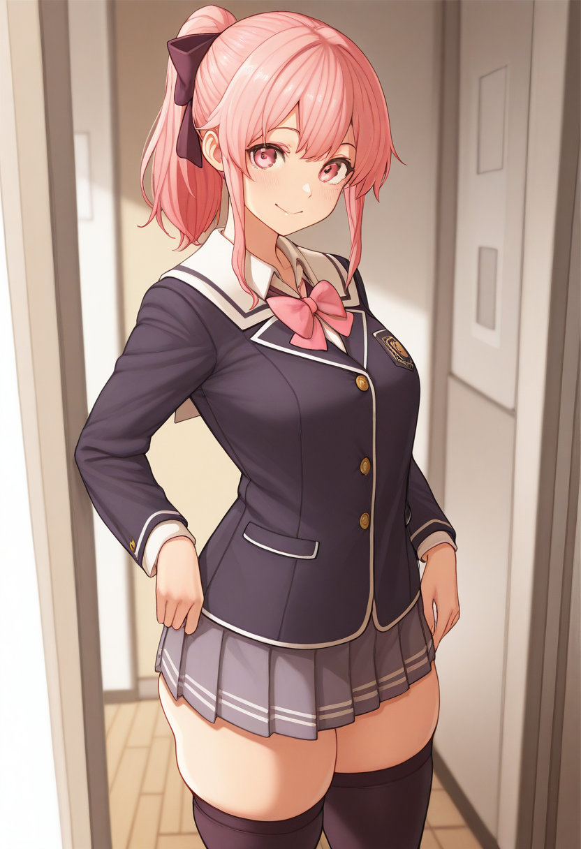 masterpiece, best quality,
 <lora:Toshi_8868750:1> T0sh1,  1girl, solo,standing,looking at viewer, happy, closed mouth,pink hair, ponytail, pink eyes,school uniform, bow, long sleeves, skirt, skindentation, thighhighs,
