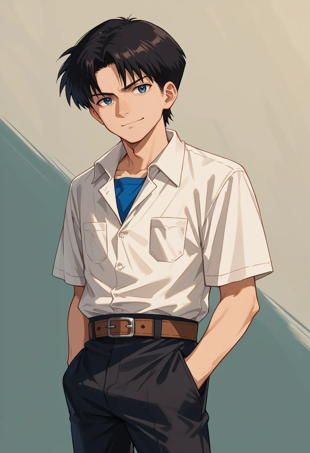 score_9, score_8_up, source_anime, 1boy, solo, Tokyo3UniformMale, white shirt, collared shirt, short sleeves, brown belt, black pants, black hair, blue eyes, hands in pockets, smirk, <lora:ChamTokyo3UniformPonyXL:1>