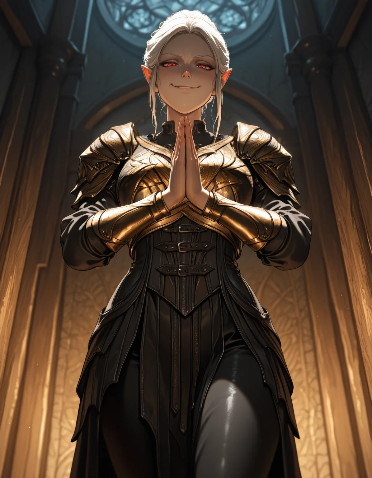 masterpiece, best quality, amazing quality,,<lora:mintharaIllustrious:1>,
mintharabg3,, mintharaArmor, cowboy shot, from below, smirk, palms together,