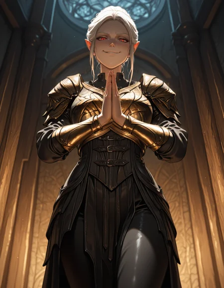 masterpiece, best quality, amazing quality,,<lora:mintharaIllustrious:1>,
mintharabg3,, mintharaArmor, cowboy shot, from below, smirk, palms together,