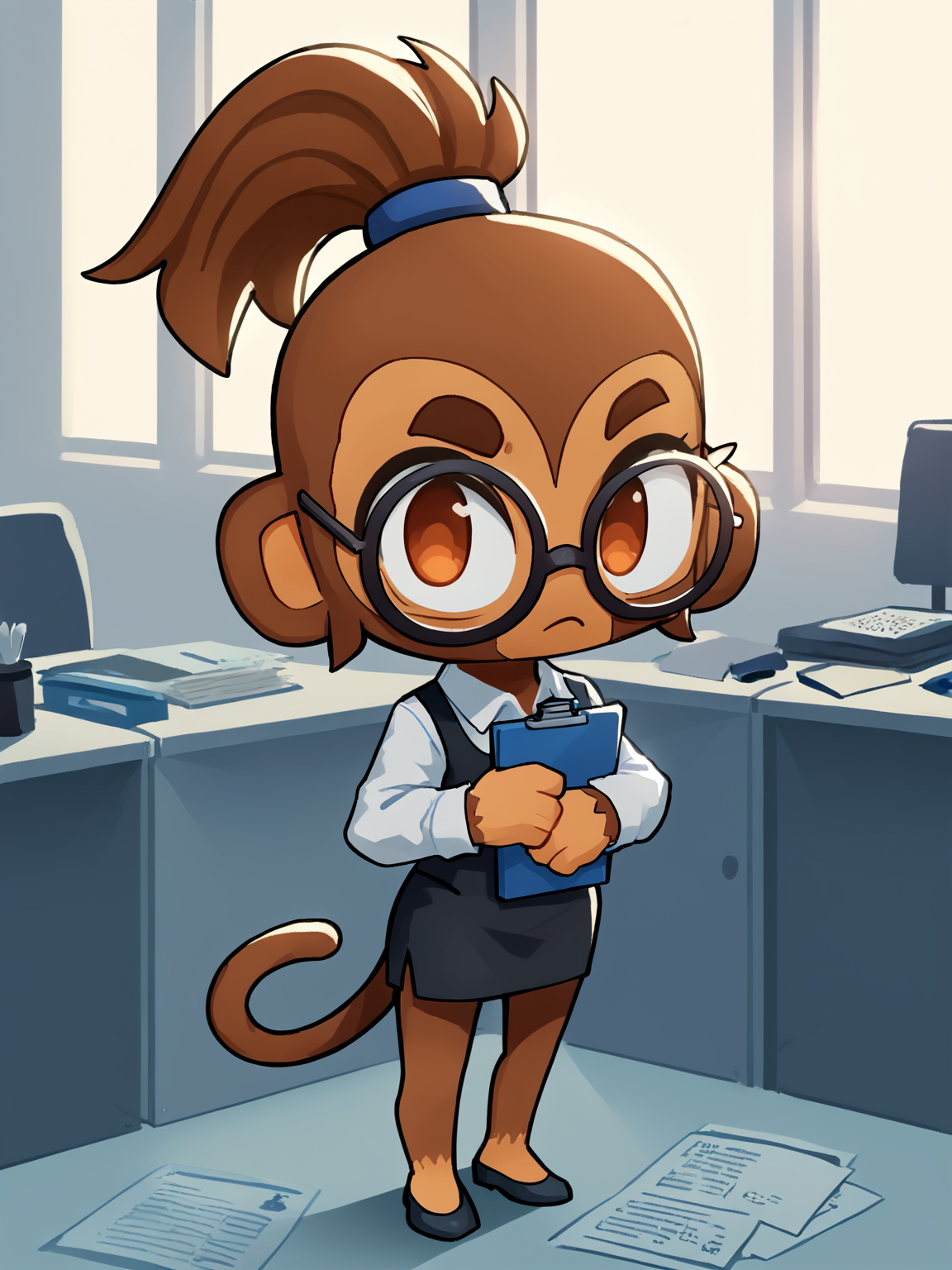 score 7 up,score_6_up,office, highres,solo,chibi, dramatic lighting,patch,round glasses,clipboard,office lady,ponytail,shadow,<lora:btd6.v2:0.8>,furry, monkey, btd6, no nose, tail,1girl,