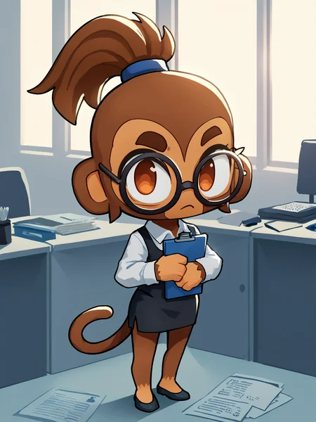 score 7 up,score_6_up,office, highres,solo,chibi, dramatic lighting,patch,round glasses,clipboard,office lady,ponytail,shadow,<lora:btd6.v2:0.8>,furry, monkey, btd6, no nose, tail,1girl,