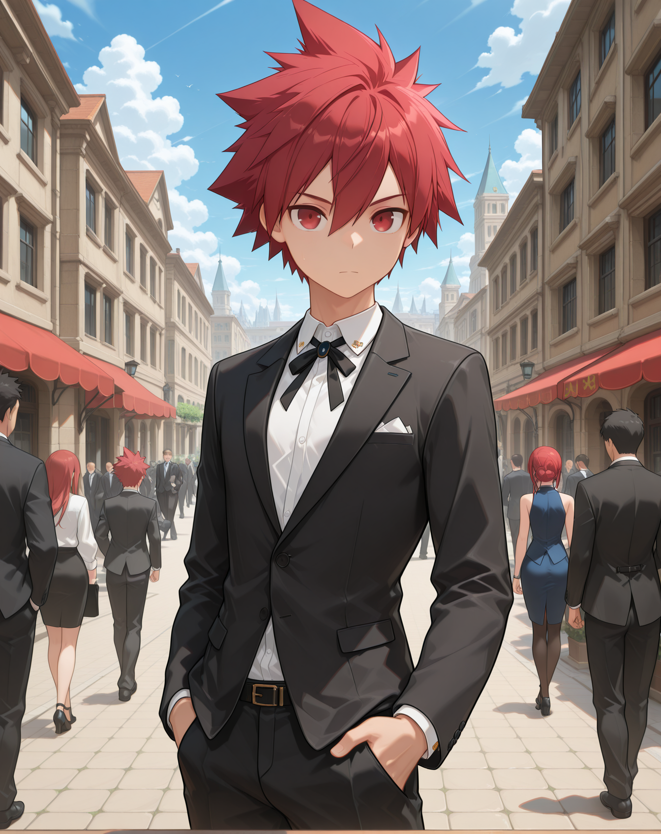 masterpiece,best quality,amazing quality, newest, very aesthetic, absurdres,
1boy, solo, yaoi, male focus, looking at viewer, cowboy shot, standing,
 <lora:Elsword_Lord_Knight_ilxl:1> elswordlk, red hair, red eyes, spiked hair, adult, 
formal, tuxedo, neck ribbon, white shirt, collared shirt, black pants, shoes, black footwear, suit jacket, black jacket,
outdoors, day, blue sky, building, people,
