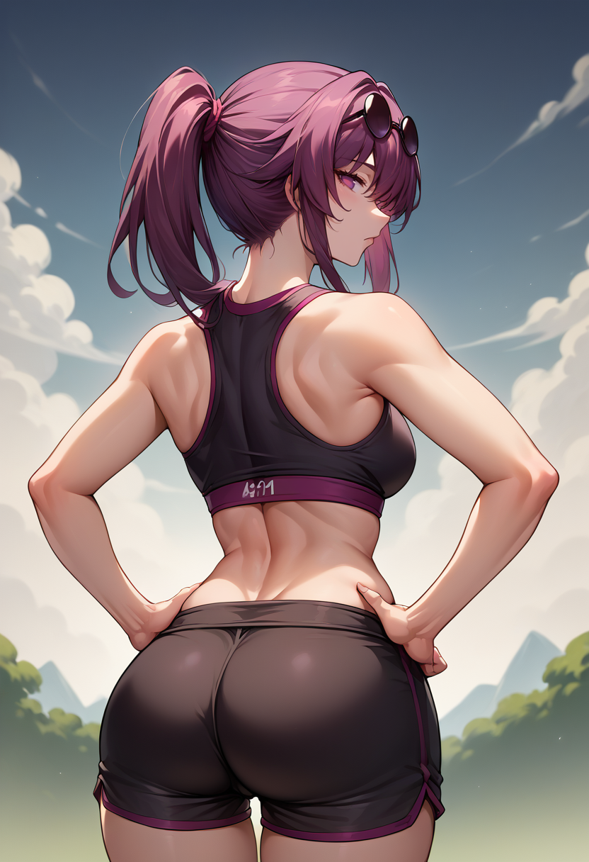 score_9, score_8_up, source_anime, 1girl, solo, KafkaHSR, purple eyes, long hair, ponytail, sidelocks, sunglasses on head, from behind, looking back, hands on hips, sports bra, black shorts, ass, <lora:ChamKafkaHSRPonyXL:1>