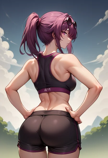 score_9, score_8_up, source_anime, 1girl, solo, KafkaHSR, purple eyes, long hair, ponytail, sidelocks, sunglasses on head, from behind, looking back, hands on hips, sports bra, black shorts, ass, <lora:ChamKafkaHSRPonyXL:1>
