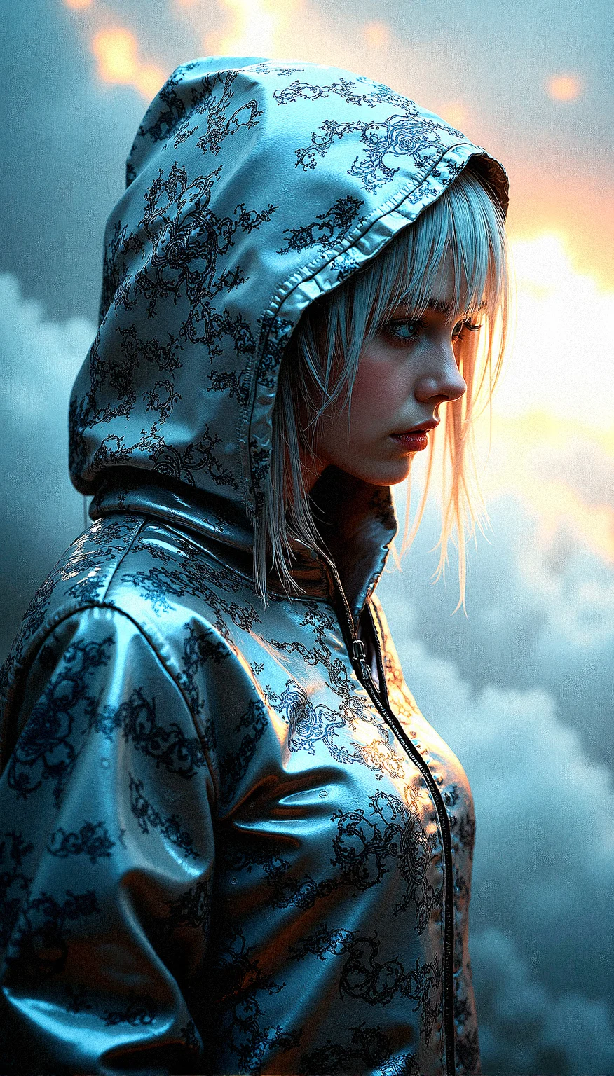 A mysterious female figure is the focal point of this intricate digital artwork, her silver hair barely visible beneath a hooded jacket adorned with an intricate cloud print. The jacket is made of a reflective, almost metallic material that catches and refracts light in complex ways, creating a visually stunning texture. The figure’s eyes are hidden in the shadows of the hood, adding to the air of mystery and intrigue. The background features a dramatic, cloud-filled sky, rich with vibrant colors and swirling patterns, as if nature itself is in turmoil or transition. The lighting is intense, with beams of light cutting through the clouds, casting dynamic shadows across the figure’s face and clothing. The overall composition is highly complex, with rich, saturated colors and extreme detail, making every element—from the texture of the jacket to the vibrant sky—stand out with striking clarity and depth.