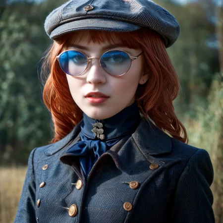 1girl, a small vampire, dressed in jodhpurs and a Norfolk jacket, reddish hair done up under an oversized tweed cap, eyes shielded by thick blue-tinted glasses, Fang