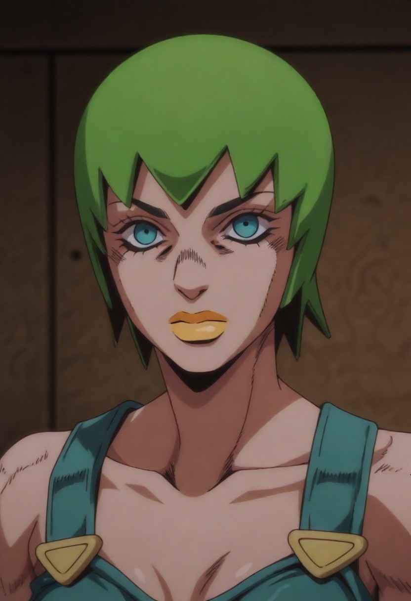 masterpiece, best quality, amazing quality,,, shiny skin,,,,,  (((1girl, solo, FooFighters, Green Hair, Short Hair, Cyan Eyes, Yellow Lipstick, Teal Overalls, Gold Buttons, perfect face, detailed eyes))),