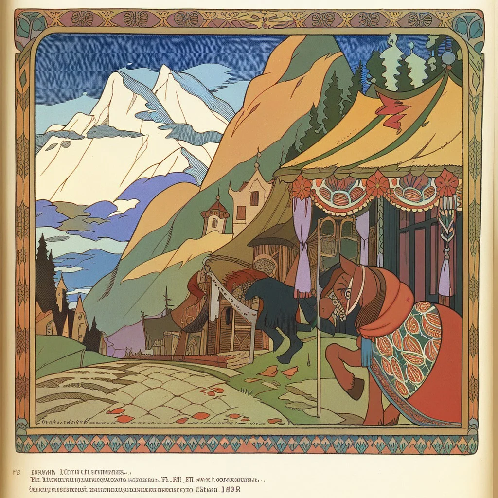 <lora:ivan-bilibin_pony_v1:1> ' grimm's ' by bilibin ivan in 1911,design \(genre\),art nouveau \(modern\) \(style\), Old Slums Houses in a hill sided by a mountain, score_9, score_6_up, score_7_up