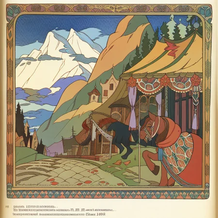 <lora:ivan-bilibin_pony_v1:1> ' grimm's ' by bilibin ivan in 1911,design \(genre\),art nouveau \(modern\) \(style\), Old Slums Houses in a hill sided by a mountain, score_9, score_6_up, score_7_up