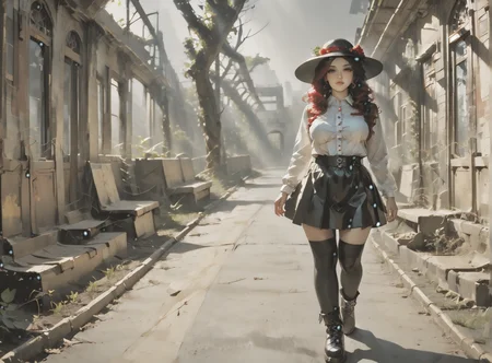 score_9, score_8_up, score_7_up, character in profile, walking, looking at surroundings, woman, pale skin, huge breasts, <lora:sm0k3XLP:1>, <lora:goth_clothes:1>, (black sunhat, black stockings, black skirt, black top, zipper boots, crimson red hair, black highlights, <lora:_sdxl-gaming-pony:1>, <lora:0777 no one world_v1_pony:1> ruanyi0777, moss, vines, overgrown, tree, ruins,