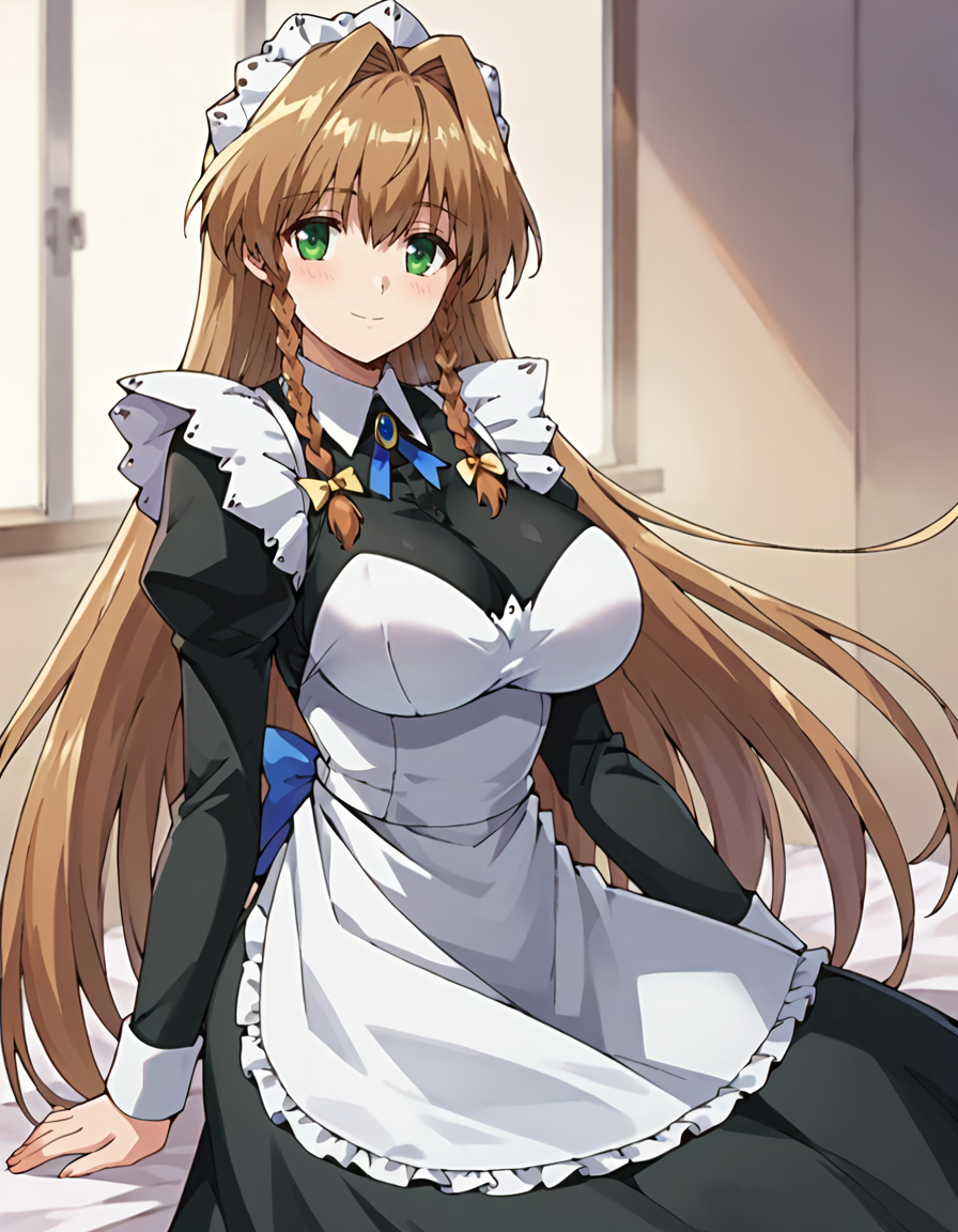 score_9,score_8_up,score_7_up,score_6_up,score_5_up,score_4_up,1girl, <lora:mihato_uesugi:0.75>mihato_uesugi, big breasts,hair bow,yellow bow, braid,twin braid,maid,broch,blue ribbon,maid headdress,apron,long skirt,smile,looking at viewer