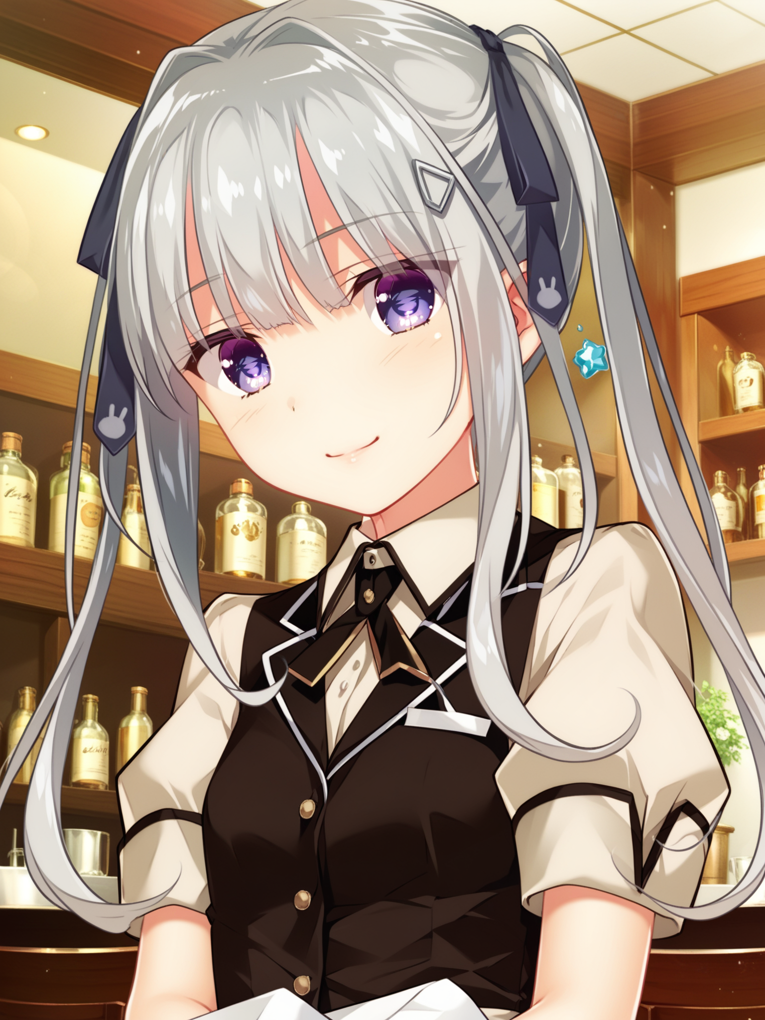 <lora:happy_tentacle-kuon-v0.2-000030:1>, ht_kuon, waitress, collar, black vest, miniskirt, dress shirt, collared shirt, hair ornament, hair ribbon, apron , indoors, 1girl, solo, portrait , , ( smile :1.1), , looking at viewer , , , score_9, score_8_up, score_7_up, score_6_up, score_5_up, score_4_up