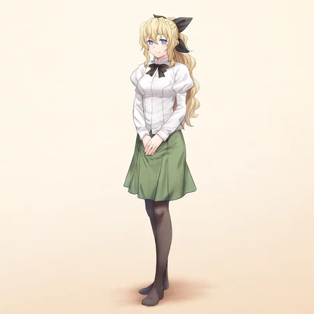 masterpiece, best quality, amazing quality, very aesthetic, absurdres, newest,
1girl, solo, standing, looking at viewer, full body,
<lora:Katawa_Shoujo_charpack_illust-000011:1>, katawa shoujo, yamaku high school uniform, satou lilly, long hair, blonde hair, hair bow, blue eyes, blind, light smile,
game cg, simple background,