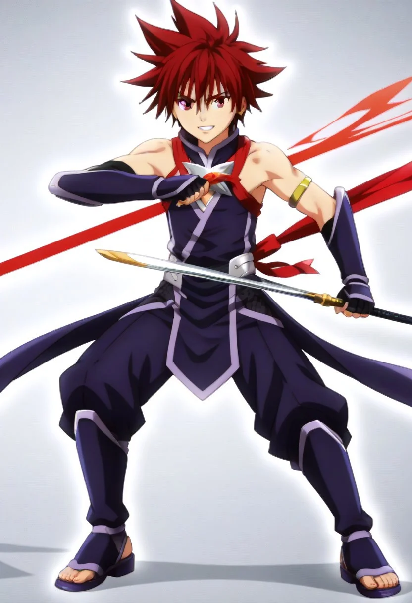 ((masterpiece)), ((best quality)), ((ultra-detailed)), ((absurdres)), score_9_up, score_8_up, score_7_up,
HD, top quality, best quality, amazing quality, High-quality illustrations, anime screencap, source_anime, best aesthetic, perfect proportions, perfect eyes, 1boy, 1male, solo boy, solo male, male focus, solo male focus, Anime, boy, male anime character, updn, easynegative, Expressiveh, masterpiece, best quality, very aesthetic, absurdres, Matsuri Kazamaki M, red hair, spiked hair, red eyes, purple ninja outfit, sleeveless, chest fishnet, ((silver chest plate)), black fingerless elbow gloves, purple vambraces, golden left arm brace, baggy pants, hip fishnets, leg greaves, black socks, red sandals, red ribbon tails, ((toned body, lean body)), ((short body, short height)), ((full body shot, head to feet shot)), ((happy, smiling)), ((front view, front shot, facing front, view from the front)), easynegative, updn, Expressiveh, masterpiece, best quality, very aesthetic, absurdres