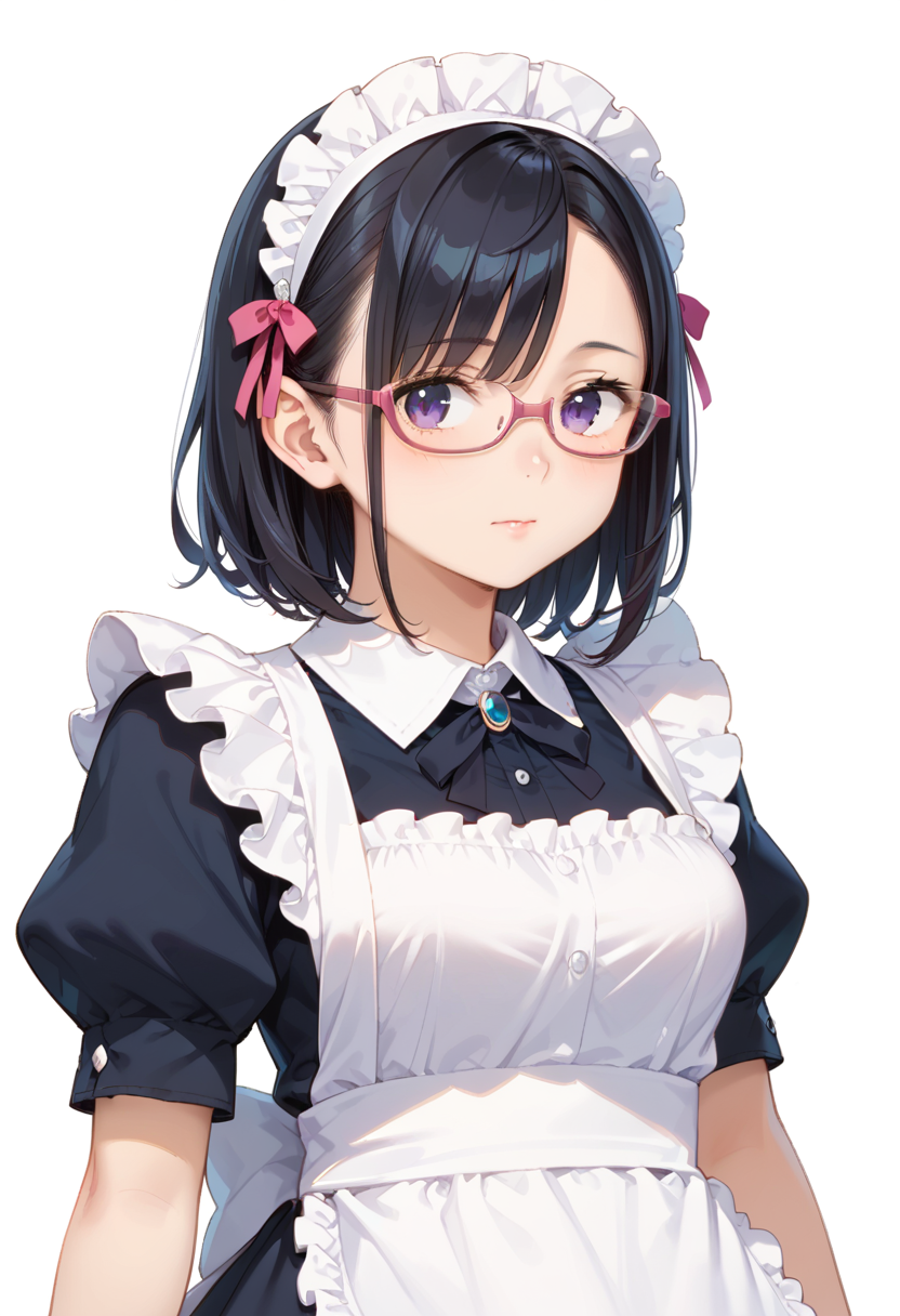 score_9, score_8_up, score_7_up, rating_safe, masterpiece, best quality, absurdres, unity 8k wallpaper, official art, official style, source_anime, uncensored, game cg, megami magazine,
1girl, solo, black hair, medium hair, upper body, covered eyes,maid, maid headdress, black dress, maid apron, face focus,
underrim_cell, glasses, still life, white background, simple background, under-rim eyewear, pink-framed eyewear, 
 <lora:glasses_underRimCell_PONY_V1:1>