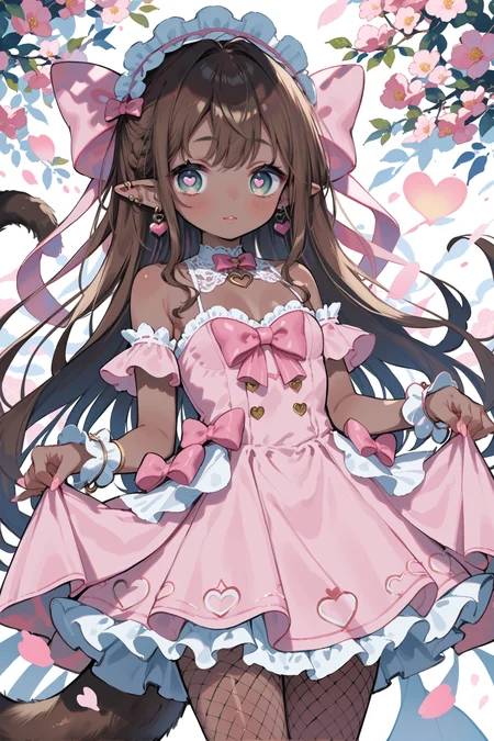 cotono, 1girl, bare shoulders, blush, bow, brown hair, dark-skinned female, dark skin, dress, earrings, eyebrows visible through hair, fishnet legwear, fishnets, heart, heart-shaped pupils, jewelry, long hair, looking at viewer, male focus, pink bow, pink dress, pointy ears, solo, tail, thighhighs, very long hair, <lora:cotonobrite:0.7>