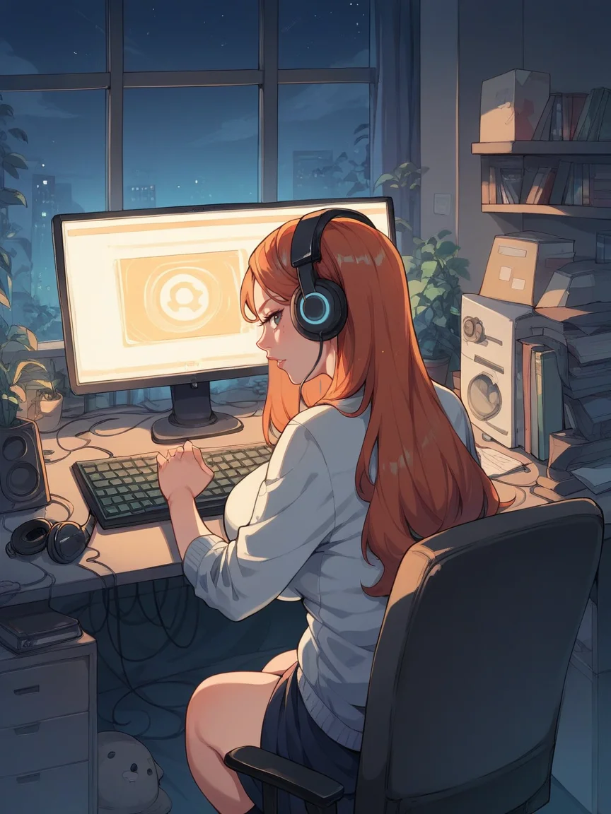 score_9, score_8_up, score_7_up, score_6_up, score_5_up,  <lora:c0mpXLP:0.7> c0mp, sitting, indoors, chair, computer, monitor, headphones, desk, from behind, keyboard (computer), 1girl, long hair, ginger hair, looking back, night, neon, plump, curvy, large breasts,