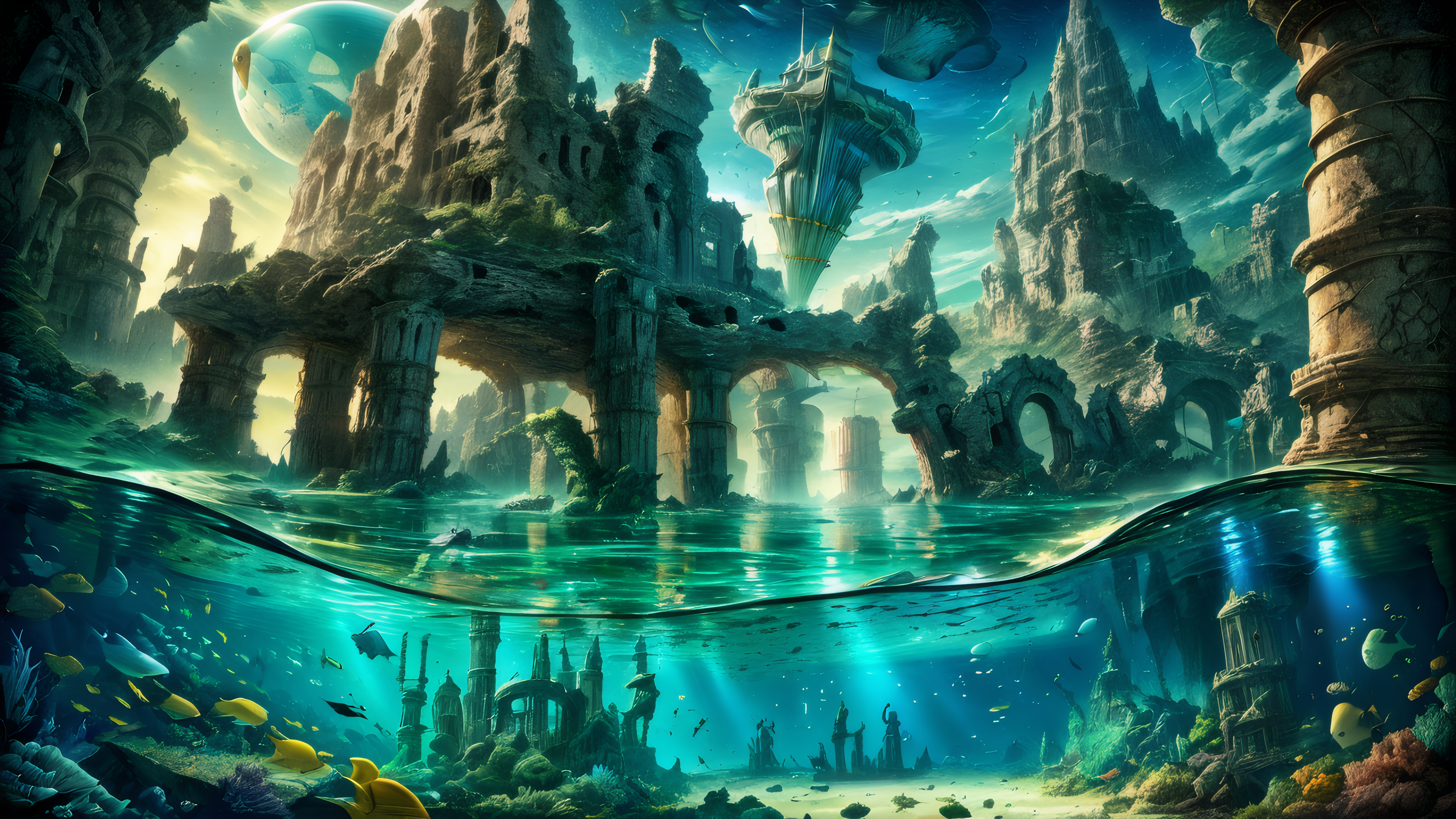 <lora:add-detail-xl:1>,Landscape,Horizon Worlds,glow,sunkern city,ruins,atlantis,underwater,under the sea,water,reflections,4k,