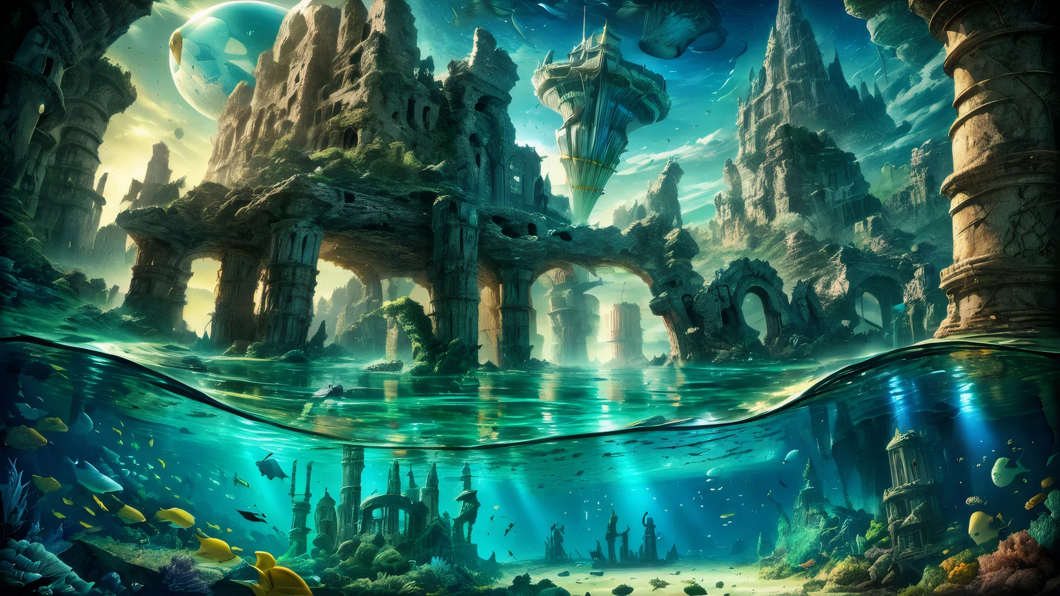 <lora:add-detail-xl:1>,Landscape,Horizon Worlds,glow,sunkern city,ruins,atlantis,underwater,under the sea,water,reflections,4k,