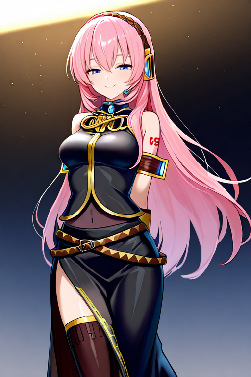 masterpiece, High quality, Ultra detailed, 2d, newest, absurdres, highres, BREAK
1girl, solo, <lora:megurine_luka_r1:0.8>, megurine_luka, long hair, pink hair, hair between eyes, blue eyes, headset, headphones, tattoo, shoulder tattoo, number tattoo, 
medium breasts, luka03def, bare shoulders, black shirt, detached sleeves, armband, single elbow glove,  belt, long skirt, black skirt, side slit, black thighhighs, 
half-closed eyes, smile, arms behind back,