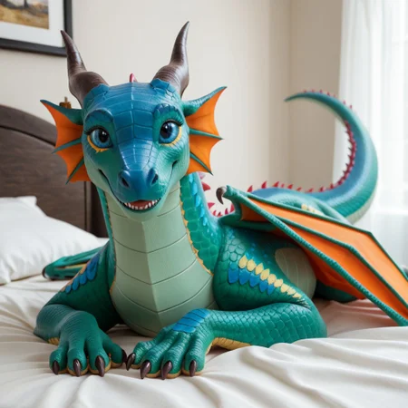 score_9, score_8_up, score_7_up, score_6_up, score_5_up, score_4_up, masterpiece, high quality, realistic, detailed, best quality, white bed, solo, rating_safe, source_furry, bedroom, smiling, happy, detailed eyes, detailed face, (looking at viewer), lying on belly, Glory_wof, Rainwing_wof, dragon, green scales, black horns, blue face, tail, claws, orange ear frills, blue eyes, orange wings, 1girl, female, (feral:1.1)