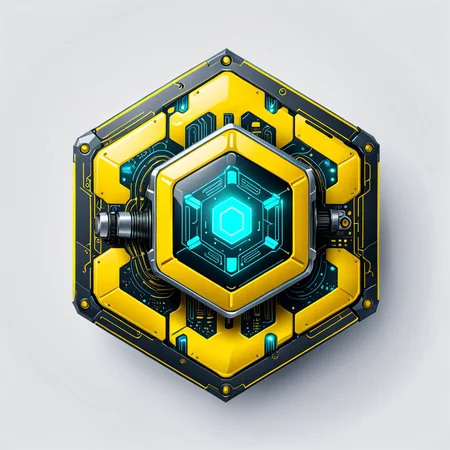 a hexagon with a cyberpunk , vector, <lora:badgemkrsdxl:0.9>, best quality, white background, yellow