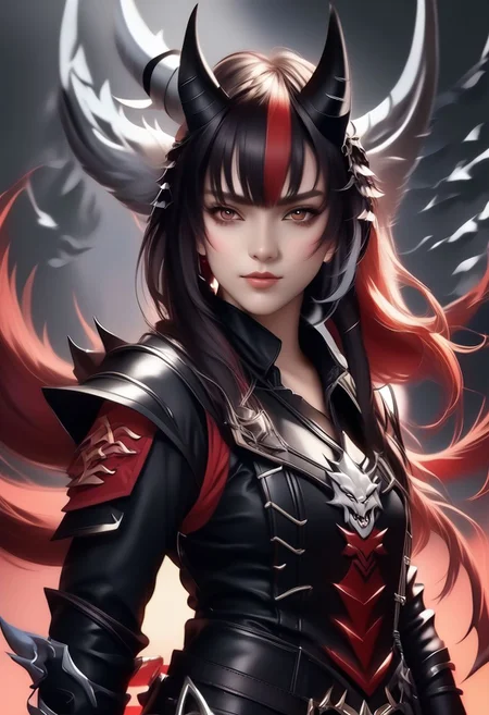 A triple-horned female teen rogue wearing ((leather armor)), black suit, oni girl with wolf-ears, dangerous Kemonomimi waif, brunette assassin, tiefling thief, black hair, three small horns, [onii (Shuna, Hakurou) horns], tri-horns on forhead (masterpiece:1.5), (best quality), (disharmonic + ugly + unaesthetic:1.5)