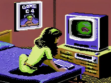 detailed drawing of a girl in a room playing with 80s home computer commodore 64 and 64t3xt text that reads 'GAME',64gr4ph1cs style,8-bit,pixel art <lora:C64XL-000005:1.0>