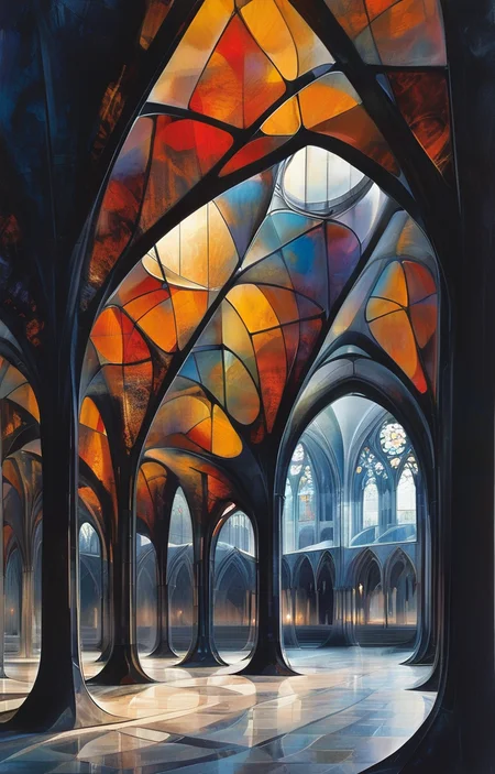 masterpiece,best quality,<lora:tbh307-sdxl:0.9>,illustration,design by Zaha Hadid Gothic revival cathedral with intricate spires and stained glass windows, bathed in moonlight