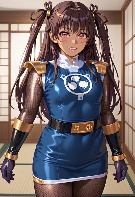 score_9, score_8_up, score_7_up, BREAK,
1girl, solo, defYuki, tan, dark-skinned female, brown hair, red eyes, two side up, long hair, sentaikageblue, shiny clothes, spandex, silver bodysuit, fishnet bodysuit, bodysuit under clothes, black dress, shoulder pads, black belt, black gloves, boots, boots, blush, small smile, looking at viewer, indoors, tatami, sliding door, room, night,