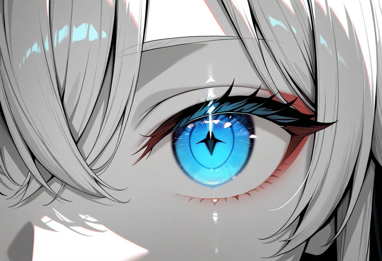 masterpiece, best quality, newest, absurdres, highres, Yukinoshita Yukino, coloured skin, white skin, blue eyes, long hair, close-up, eye focus, glowing, spot color, monochrome, <lora:YahariOreNoSeishunLoveComedy_YukinoshitaYukino_IlluXL:0.9>, glowing, white hair, serious, detailed,