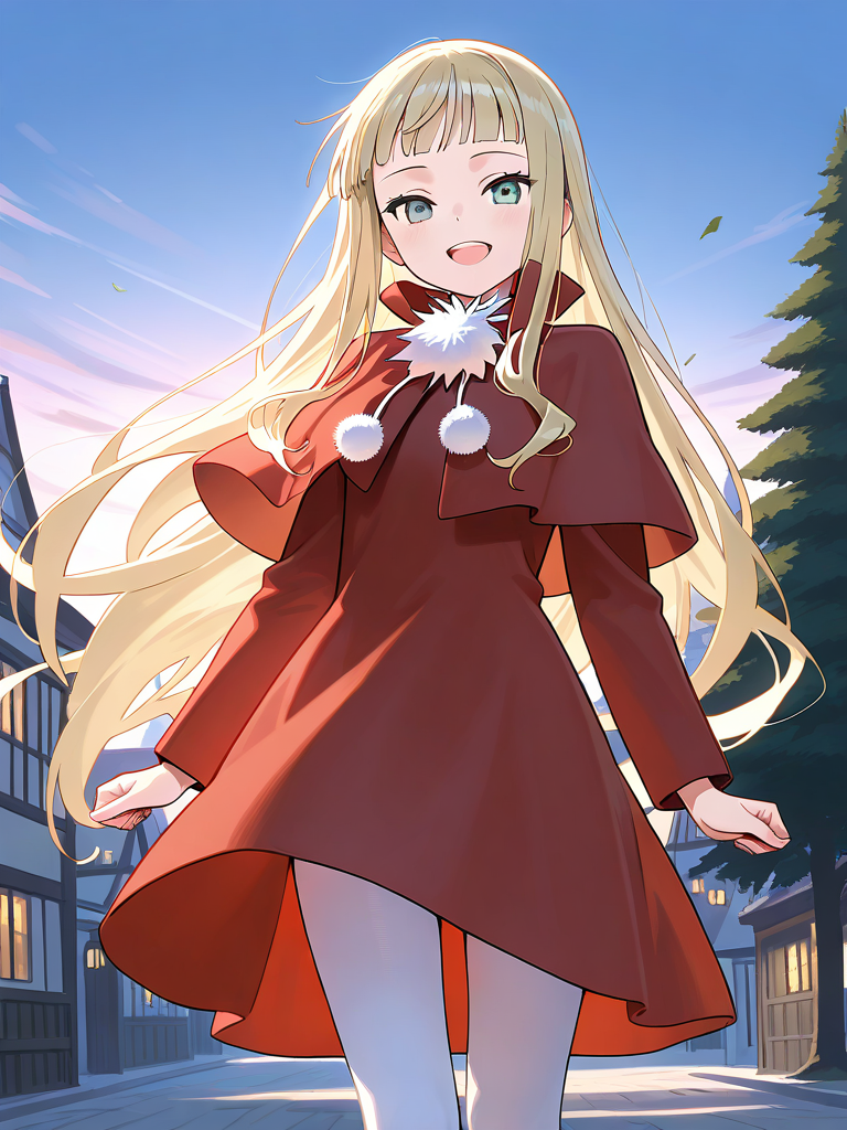 masterpiece, best quality, good quality,<lora:Belfraw_Martini_IS:1>Belfraw_Martini, 1girl, solo, very long hair, blonde hair, gray eyes,
 bangs,  no hat, bangs, hime cut,
1girl, solo,  open mouth, pom pom (clothes), capelet, 
sky, :d, looking at viewer, long sleeves, white pantyhose, red dress, outdoor, town, tree, smile, looking at viewer, cowboy_Shot,