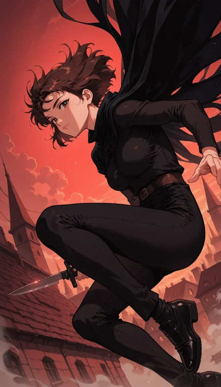 v1n, melanch0ly, tasselled cloak, retro anime, 1990s, masterpiece, best quality, absurdres, holding knife, floating, up close, 1girl, solo, brown eyes, short brown hair, black shirt, black pants, black shoes, medium breasts, red sunset, medieval city, rooftop, white fog, <lora:Melancholyv2:1>, <lora:VinIllustrious:0.8>, <lora:illustriousXL_stabilizer_v1.72:0.4>, <lora:NOOB_vp1_detailer_by_volnovik_v1:0.4>