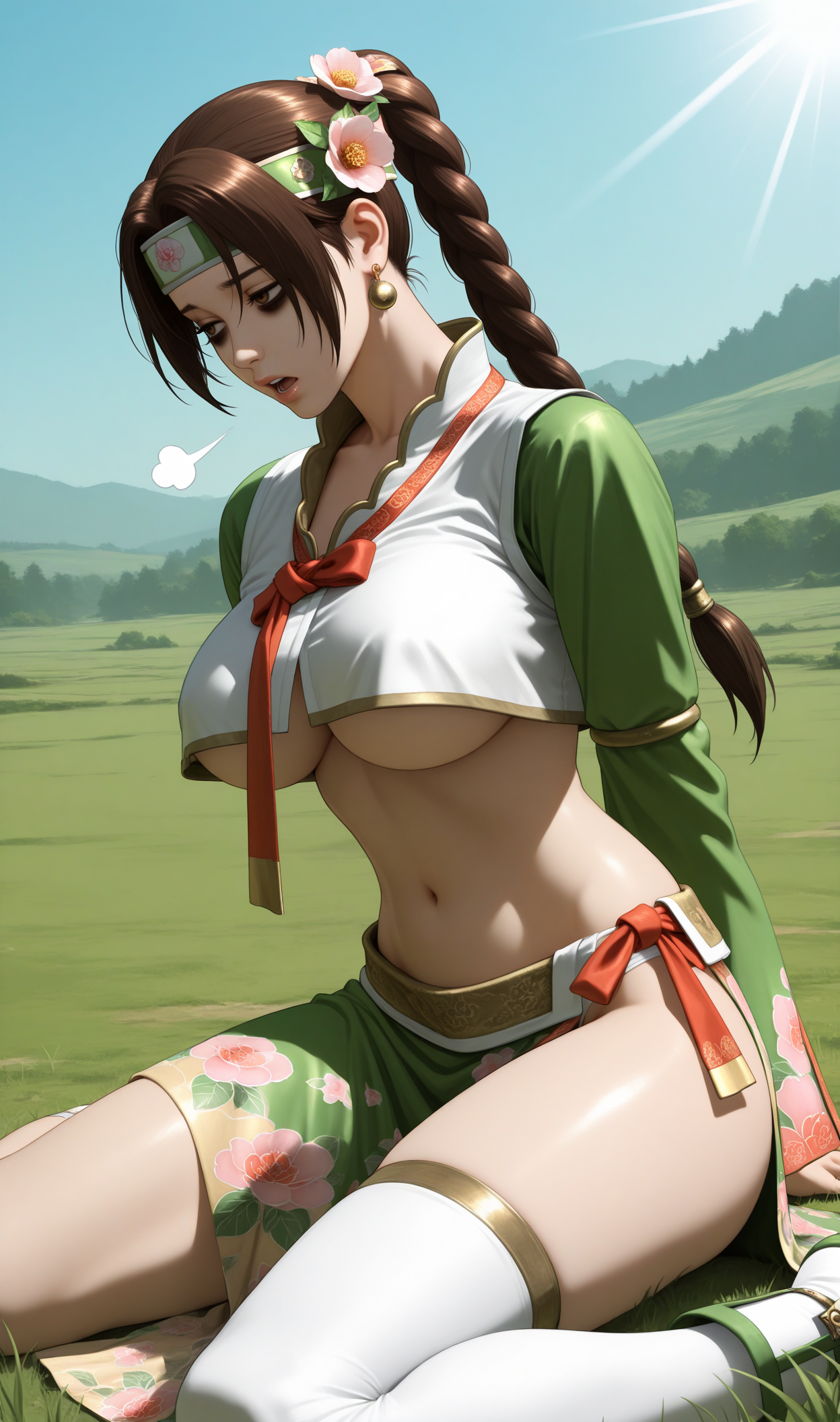 masterpiece, best quality, high resolution, very aesthetic, absurdres, newest, professional, high-quality, hyper-realistic, portrait of a woman, 1girl, solo, 
<lora:Seong_Mi-Na_SC4_Illu_Dwnsty:1>, mnseongsciv, brown eyes, brown hair, long hair, braided ponytail, long braid, long hair, headband, hair flower, hair ornament, jewelry, earrings, midriff, crop top, white vest, no bra, korean clothes, red necktie, norigae, jeogori (clothes), green sleeves, long sleeves, wide sleeves, underboob, white panties, single thighhigh, white thighhigh,navel, side slit, green sarong, floral print,
large breasts, detailed body, detailed lips, detailed eyes, gloomy, downcast eyes, frown, hunched shoulders, bord, gloomy aura, expressionless,  lowered eyelids,  bags under eyes, sigh, depressed, open mouth, shaft look, wariza, on ground, arms behind back,
blue sky, sunlight, nature, grass, folwer field, landscape,