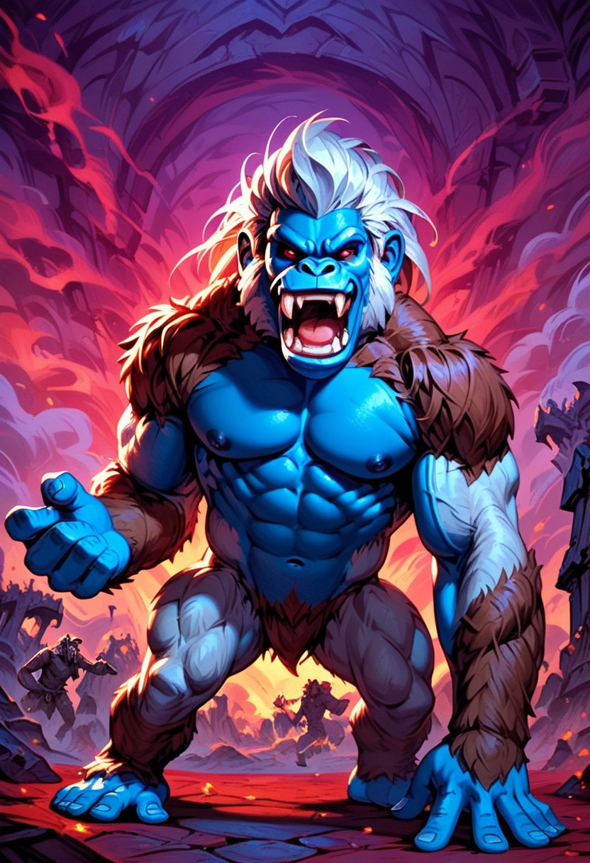 DonMC0m1cM4g1cXL, (dark, fantasy, magical, eerie) score_9, score_8_up, score_7_up, score_6_up, Blizzard_Primal, chimpanzee, monkey, monster, blue skin, white fur, brown fur, multilocored fur, red eyes, fangs, BREAK, background, plain, purple sky