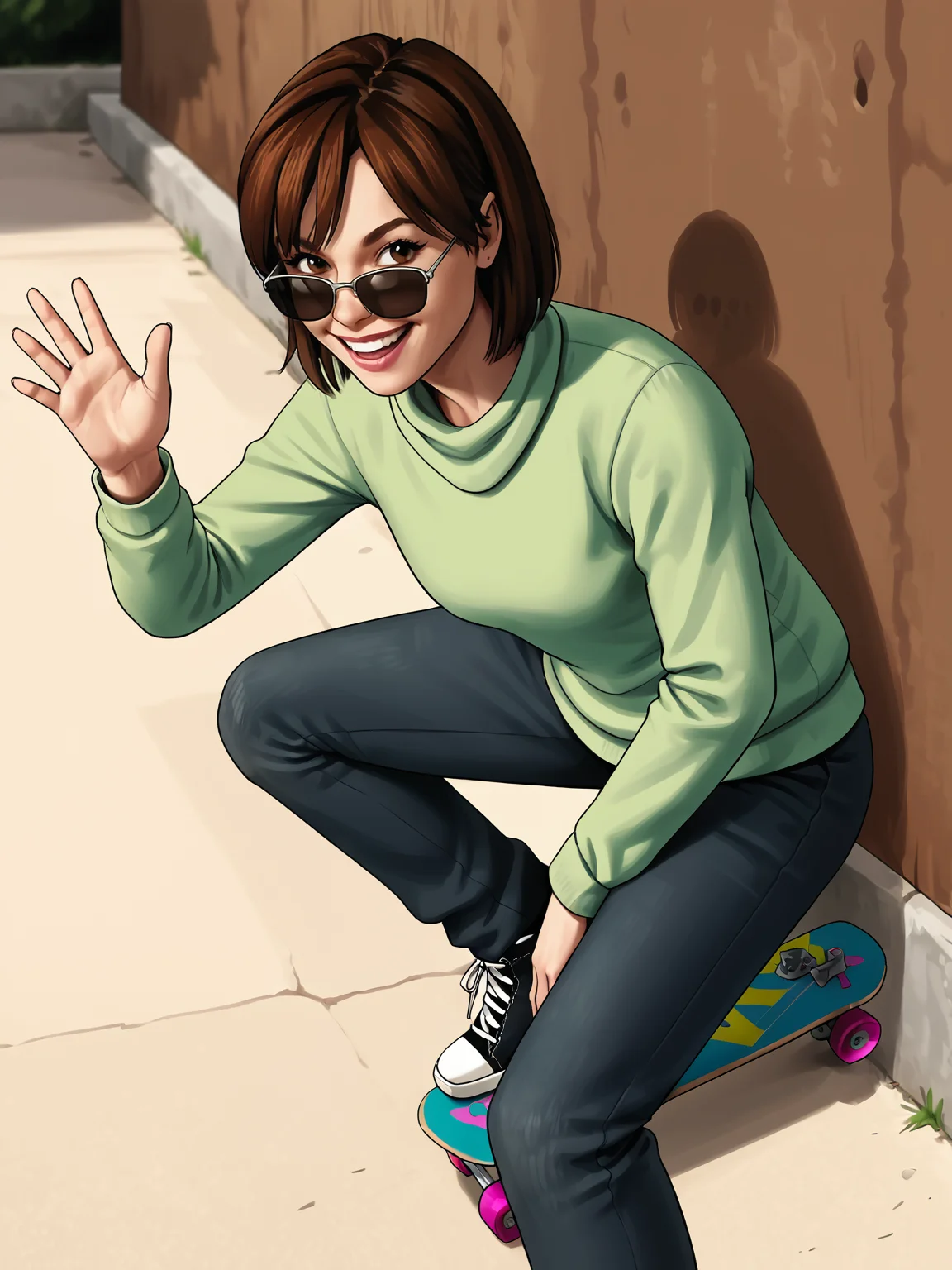 source_3d, score_7_up, <lora:Angela Orosco (Silent Hill 2):0.85> sh2angela, brown hair, smiling, sunglasses, skateboard