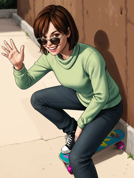 source_3d, score_7_up, <lora:Angela Orosco (Silent Hill 2):0.85> sh2angela, brown hair, smiling, sunglasses, skateboard