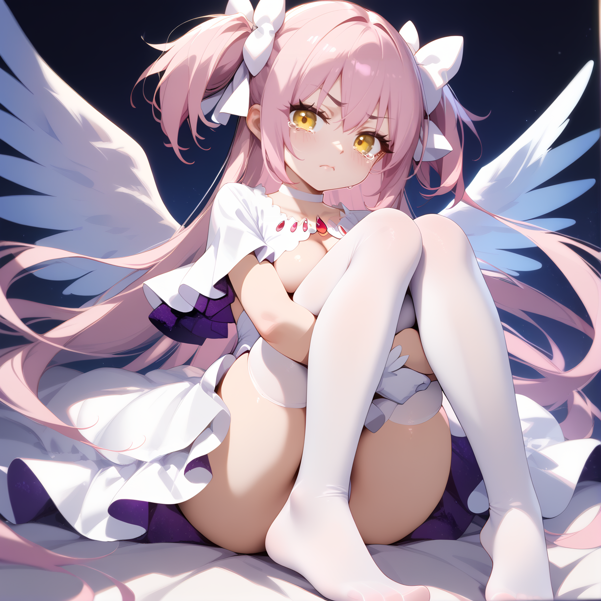 (score_9,score_8_up,score_7_up) BREAK uncensored BREAK 1girl,solo,(medium breasts:1.4),
disgust,scowl,closed mouth,tears,
BREAK
BREAK feet,(foot_focus:1.3),
BREAK
BREAK
BREAK
BREAK
BREAK (hugging own legs:1.6),angel wings,
BREAK <lora:madoka_god>,
(ultimate madoka,kaname madoka,long hair,pink hair,very long hair,bangs,hair between eyes,two side up,white bow,yellow eyes),(choker,white choker,gloves,white gloves,underboob,underwear,clothing cutout,cleavage cutout,covered navel,wide sleeves,frills,dress,white dress,frilled dress),(thighhighs,white thighhighs),univers,