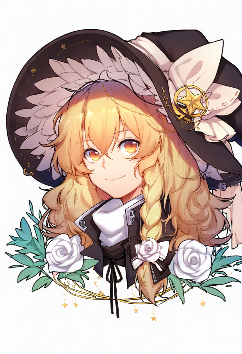 1girl, kirisame marisa, solo, hat, blonde hair, witch hat, smile, braid, long hair, bow, looking at viewer, white bow, black headwear, hat bow, flower, white background, hair between eyes, yellow eyes, butterfly, black bow, hair bow, portrait, single braid, bug, closed mouth, bangs, simple background, white flower, jewelry, star \(symbol\), rose, ribbon, white rose, side braid, earrings, hair ornament, upper body, hair flower <lora:solaXL_NBVP1_lokr_V6311PZ:0.95>