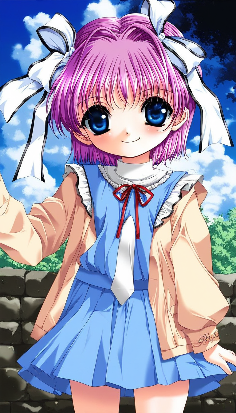 score_9, score_8_up, score_7_up, source_anime, rating_explicit, BREAK  <lora:Kago_Noa_Ver2.0_XL:1> KagoNoa, pink hair, purple hair, blue eyes, hair ribbon, white ribbon, short hair, otoko no ko,  flat chest, short stack,
1girl, solo, long sleeves, skirt, smile,
outdoor, sky,